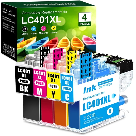 Compatible Replacement for LC401XL Ink Cartridges for Printer Replacement MFC-J1010DW MFC-J1170DW MFC-J1012DW DCP-J1800DW (4 Pack B/C/M/Y)