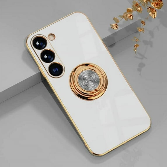 Compatible with Rose Gold Galaxy S23 Case for Women Girls Kickstand Ring Holder 360 TPU Rotation Ring Case with Stand Plating Edge Work with Magnetic Mount Slim Luxury Case, White