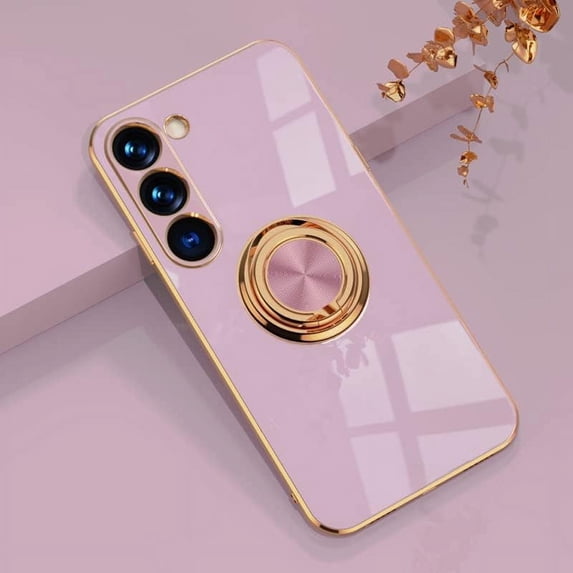 Compatible with Rose Gold Galaxy S23 Case for Women Girls Kickstand Ring Holder 360 TPU Rotation Ring Case with Stand Plating Edge Work with Magnetic Mount Slim Luxury Case, Purple
