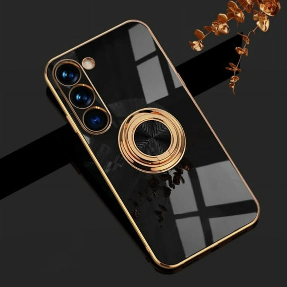 Compatible with Rose Gold Galaxy S23 Case for Women Girls Kickstand Ring Holder 360 TPU Rotation Ring Case with Stand Plating Edge Work with Magnetic Mount Slim Luxury Case, Black