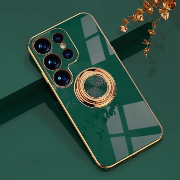 Compatible with Rose Gold Galaxy S23 Ultra Case for Women Girls Kickstand Ring Holder 360 TPU Rotation Ring Case with Stand Plating Edge Work with Magnetic Mount Slim Luxury Case, Green