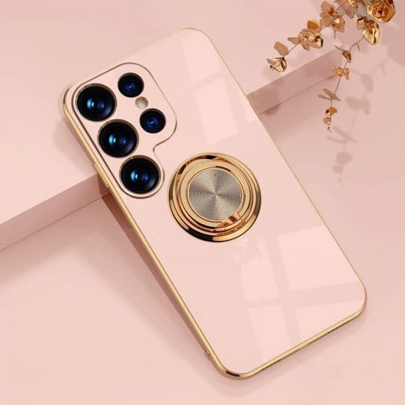 Compatible with Rose Gold Galaxy S23 Ultra Case for Women Girls Kickstand Ring Holder 360 TPU Rotation Ring Case with Stand Plating Edge Work with Magnetic Mount Slim Luxury Case, Pink
