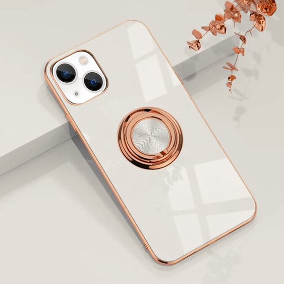 Compatible with Rose Gold iPhone 13 Mini Case for Women Girls Kickstand Ring Holder 360 TPU Rotation Case with Stand Plating Edge Work with Magnetic Mount Slim Luxury Girly Cover Case White