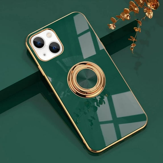 Compatible with Rose Gold iPhone 13 Mini Case for Women Girls Kickstand Ring Holder 360 TPU Rotation Case with Stand Plating Edge Work with Magnetic Mount Slim Luxury Girly Cover Case Green