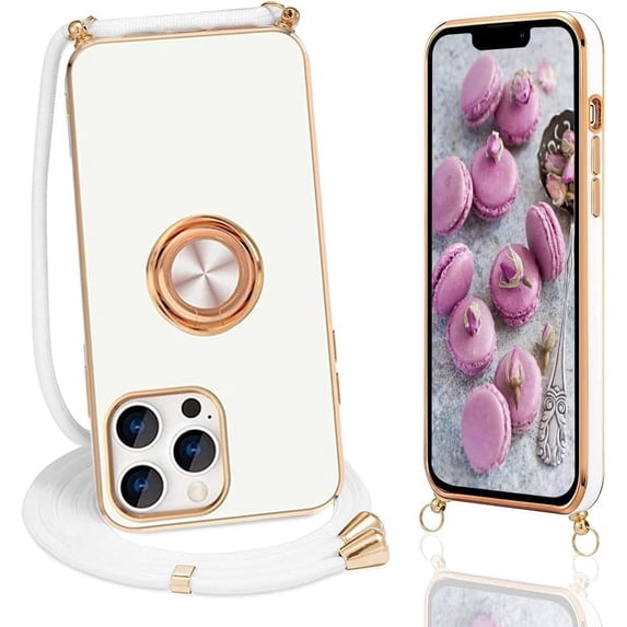 Compatible with Rose Gold iPhone 13 Pro Max Case with Lanyard Strap for Women Girls Kickstand Ring Holder 360 TPU Rotation Ring Case with Magnetic Mount Slim Luxury Case White