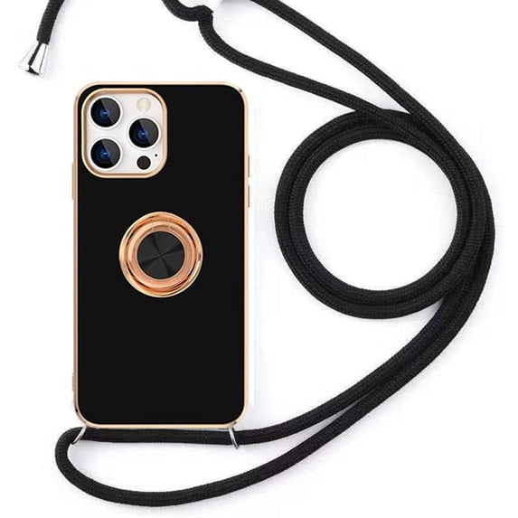 Compatible with Rose Gold iPhone 14 Pro Max Case with Lanyard Strap for Women Girls Kickstand Ring Holder 360 TPU Rotation Ring Case with Magnetic Mount Slim Luxury Case Black