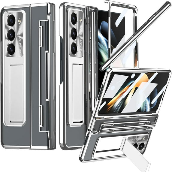 Compatible S Pen Case for Samsung Galaxy Z Fold 5 Case with Hinge Protection &S Pen Holder,5 in 1 Full Coverage Stand Screen Protector Phone Case for Samsung Galaxy Z Fold 5 5g Case Clear Silver