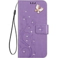 thumbnail image 1 of Compatible with S8 PLUS Case Bling Butterfly Rhinestone Diamond Embossed Floral Pu Leather Wallet Strap Case with Card Holder Magnetic Flip Cover Case-Light purple, 1 of 5
