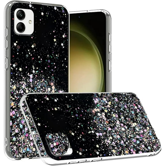 Compatible with Samsung A04 Case Glitter Clear Green, Phone Samsung Galaxy A04 Case Silicone Transparent Soft TPU Women Girls Shockproof Protective Slim Cover (Black)