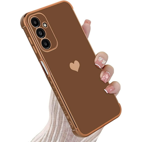 Compatible with Samsung A14 5G Case for Women Girl, Plating Edge Cute Love Heart Soft TPU Bumper with 4 Corners Shockproof Protection Phone Case Cover for Galaxy A14 5G(Brown)