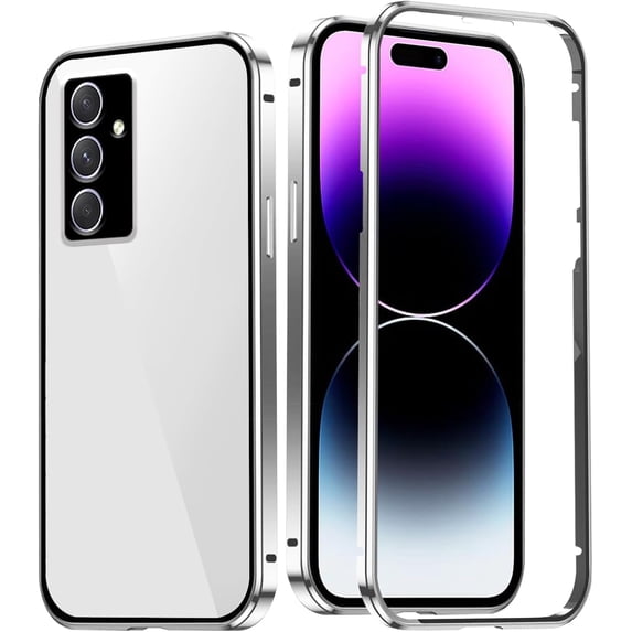 Compatible with Samsung A15 Case Double-Sided Glass Mirror Guard Black, for Galaxy A15 5g Phone Case Magnetic Adsorption Shockproof Protective Luxury Slim Cover (Silver)