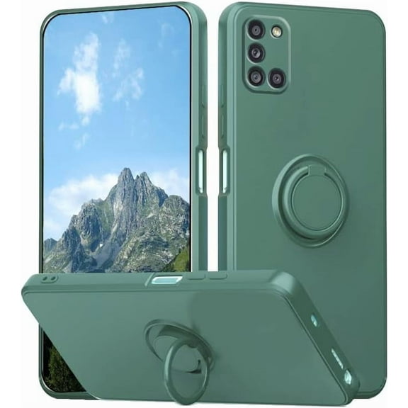 Compatible with Samsung A31 Case with Ring Kickstand Green, for Samsung Galaxy A31 Phone Case Silicone Liquid with Soft Microfiber Lining Slim Shockproof Protective Cover (Dark Green)