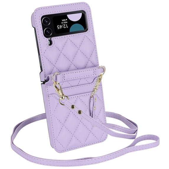 Compatible with Samsung Flip 4 Case with Strap Premium PU Leather Crossbody Lanyard Credit Card Holder Pocket Non-Slip Shockproof Protective Cover for Galaxy Z Flip 4 5G, Purple