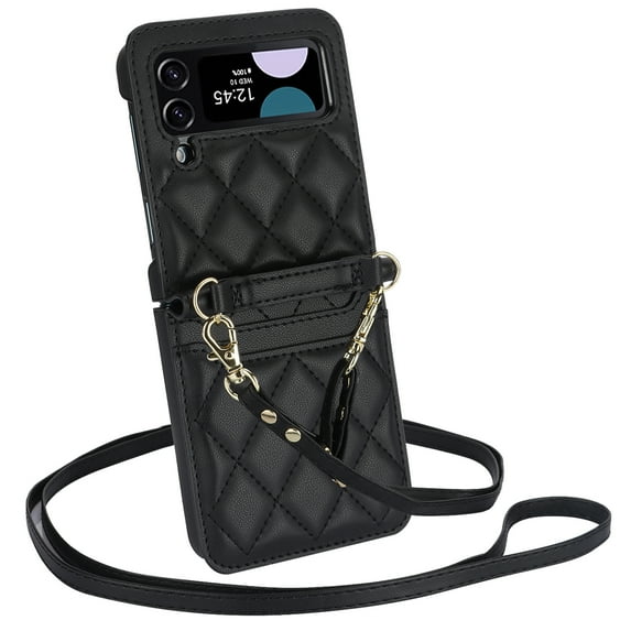 Compatible with Samsung Flip 4 Case with Strap Premium PU Leather Crossbody Lanyard Credit Card Holder Pocket Non-Slip Shockproof Protective Cover for Galaxy Z Flip 4 5G, Black