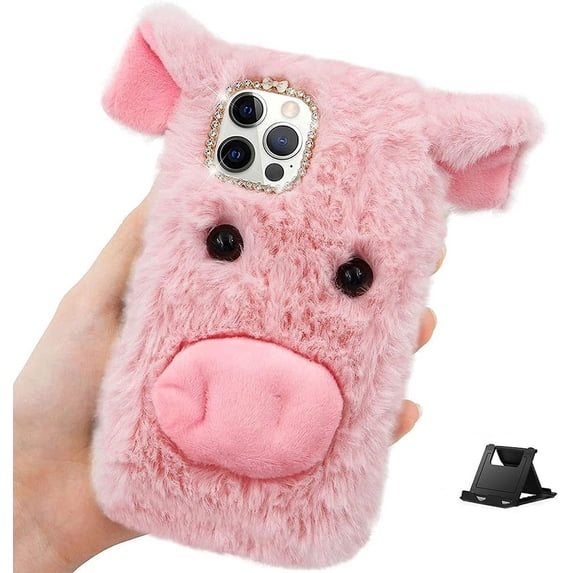 Compatible with Samsung Galaxy A02S Plush Case 3D Ear Fluffy Piggy Case for Kids Girls Women,Cute Faux Rabbit Fur Furry Warm Fuzzy Shockproof Back Cover, Pink Piggy