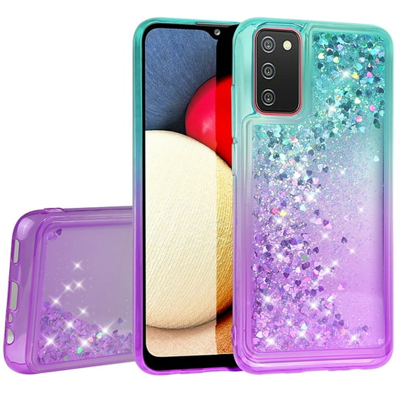 Compatible for Samsung Galaxy A02s Case, with Tempered Glass Screen Protector SOGA Diamond Liquid Quicksand Cover Cute Girl Women Phone Case - Teal/Purple