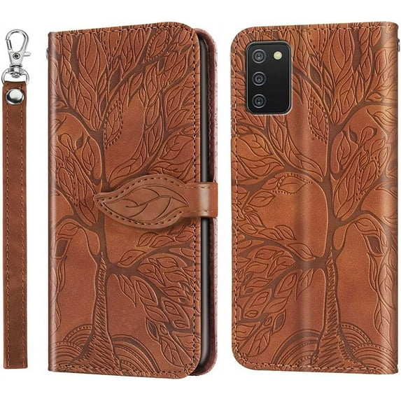 Compatible with Samsung Galaxy A03S Wallet Case, Galaxy A03S Case Leather with Card Holder Magnetic Kickstand Wrist Strap Flip Shockproof Case for Samsung Galaxy A03S Life Tree Browm