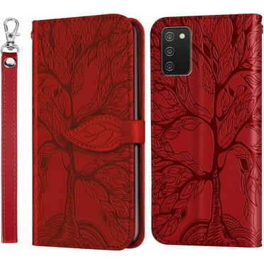 Compatible with Samsung Galaxy A03S Wallet Case, Galaxy A03S Case Leather with Card Holder Magnetic Kickstand Wrist Strap Flip Shockproof Phone Case for Samsung Galaxy A03S Life Tree Red
