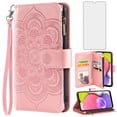 thumbnail image 1 of Compatible with Samsung Galaxy A03s US Version 5G 2022 Wallet Phone Case and Tempered Glass Screen Protector Flower Faux Leather Flip Credit Card Holder Stand Zipper Cell Cover for A037U Women Pink, 1 of 9