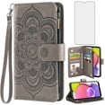 thumbnail image 1 of Compatible with Samsung Galaxy A03s US Version 5G 2022 Wallet Phone Case and Tempered Glass Screen Protector Flower Faux Leather Flip Credit Card Holder Stand Zipper Cell Cover for A037U Women Grey, 1 of 9