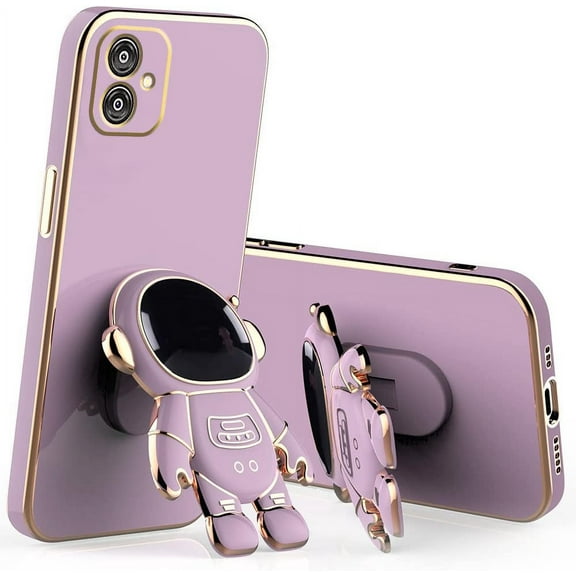 Compatible with Samsung Galaxy A05 Case with Plating Creative Astronaut Cartoon Holder Pink, Phone Samsung A05 Case Silicone Shockproof Stand Soft TPU Protective Slim Cover (Purple)
