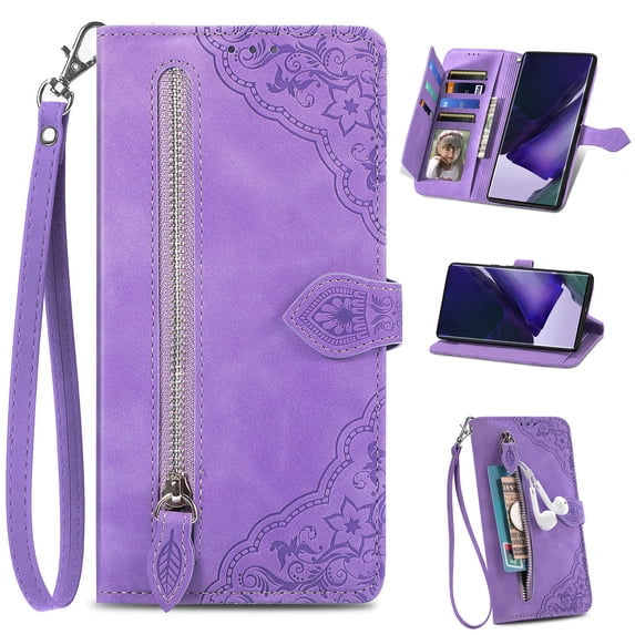 Compatible for Samsung Galaxy A05 Wallet Case for Women Girls with Card Holder - Retro Embossed Flower Zipper Wallet PU Leather Flip Cover with Detachable Wrist Hand Strap for Galaxy A05, Purple