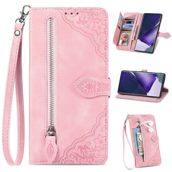 Compatible for Samsung Galaxy A05 Wallet Case for Women Girls with Card Holder - Retro Embossed Flower Zipper Wallet PU Leather Flip Cover with Detachable Wrist Hand Strap for Galaxy A05, Pink