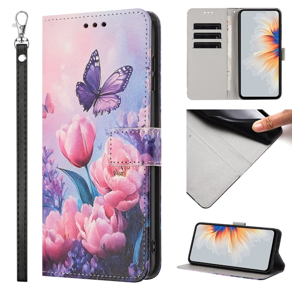 Compatible with Samsung Galaxy A05 Wallet Case for Women Girls, Garden Flower Pattern Design PU Leather Flip Cover with Card Holder Kickstand Wrist Strap Protective Case, Pink Flower Butterfly