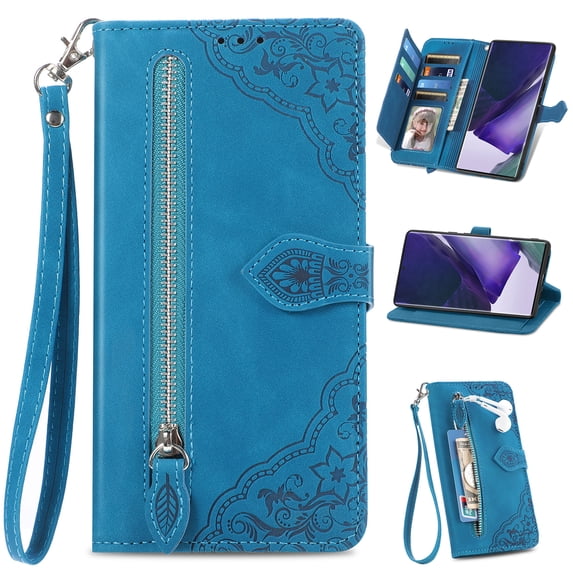 Compatible for Samsung Galaxy A05S Wallet Case for Women Girls with Card Holder - Retro Embossed Flower Zipper Wallet PU Leather Flip Cover with Detachable Wrist Hand Strap for Galaxy A05S, Blue