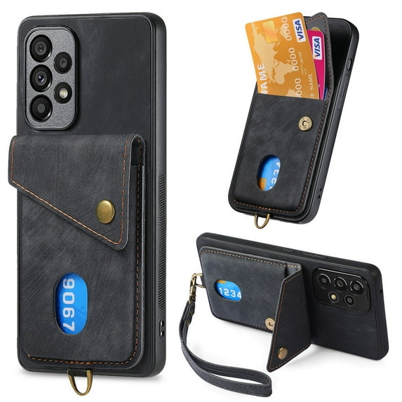 Compatible with Samsung Galaxy A05s PU Leather Back + TPU Frame Case, Card Slot Magnetic Snap with Removable Wrist Strap Support Magnetic Car Mount Kickstand Cover for Samsung Galaxy A05s, Black