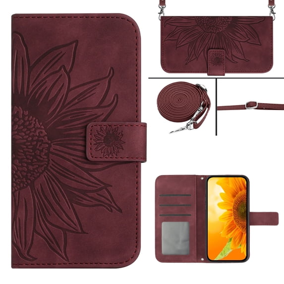 Compatible with Samsung Galaxy A06 Case, Flower Embossed Wallet PU Leather Case with Card Holder Slots Protective Heavy Duty Folio Cover Crossbody Strap Case Cover for A06, Winered