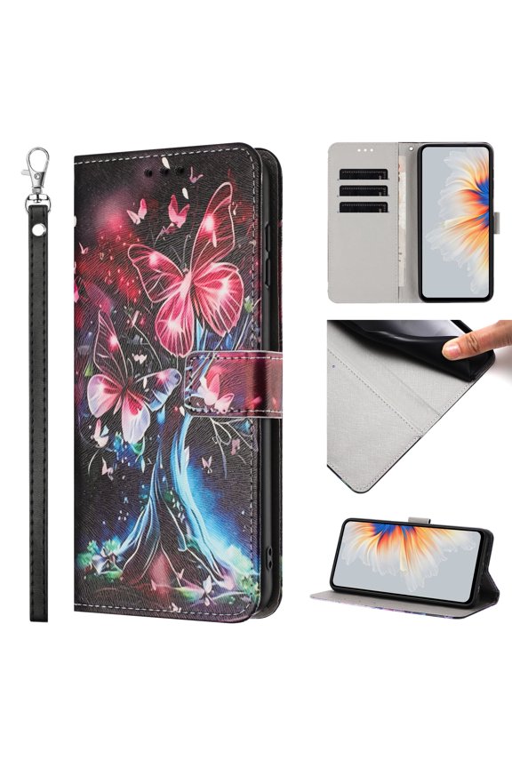 Compatible with Samsung Galaxy A06 Wallet Case for Women Girls, Garden Flower Pattern Design PU Leather Flip Cover with Card Holder Kickstand Wrist Strap Protective Case, Butterfly Tree