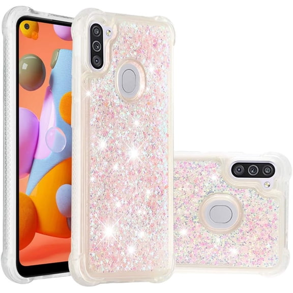 Compatible with Samsung Galaxy A11 Case Glitter Liquid Cute Clear Phone Case Floating Quicksand Shockproof Protective Bumper Silicone Soft TPU Case for Samsung Galaxy A11 Star Pink YB