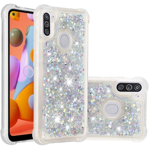Compatible with Samsung Galaxy A11 Case Glitter Liquid Cute Clear Phone Case Floating Quicksand Shockproof Protective Bumper Silicone Soft TPU Case for Samsung Galaxy A11 Love Sliver YB