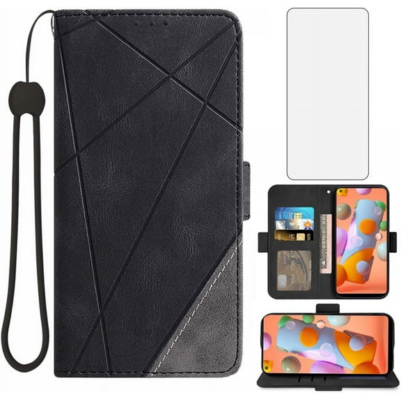 Compatible with Samsung Galaxy A11 Wallet Case and Tempered Glass Screen Protector Leather Flip Cover Card Holder Stand Cell Accessories Phone Cases for Glaxay A 11 Gaxaly 11A Women Men Black