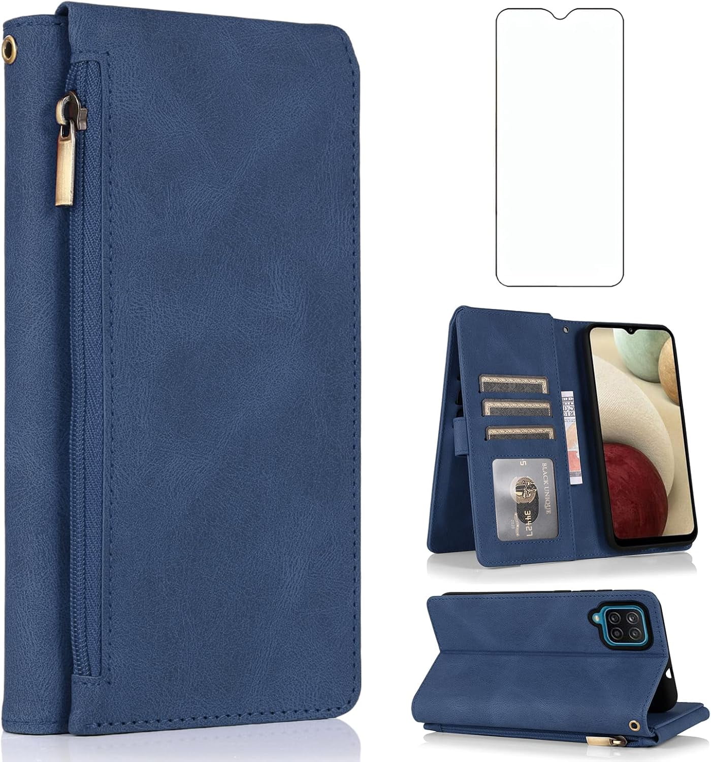 Compatible with Samsung Galaxy A12/M12 Wallet Case Tempered Glass Screen Protector Zipper Leather Flip Cover Card Holder Cell Phone Cases for Glaxay A 12 5G Gaxaly A-12 S12 12A 4G Women Men Blue