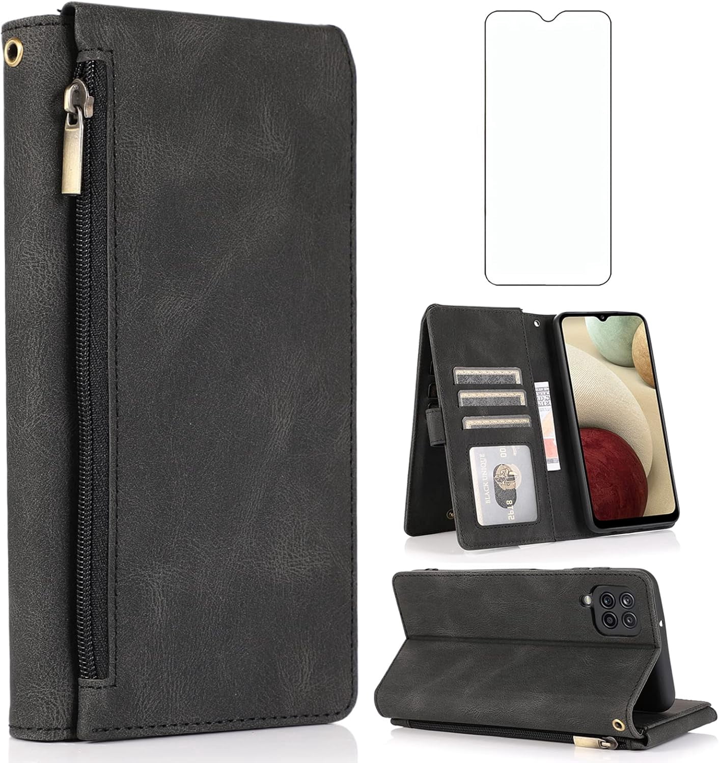 Compatible with Samsung Galaxy A12/M12 Wallet Case Tempered Glass Screen Protector Zipper Leather Flip Cover Card Holder Cell Phone Cases for Glaxay A 12 5G Gaxaly A-12 S12 12A 4G Women Men Black
