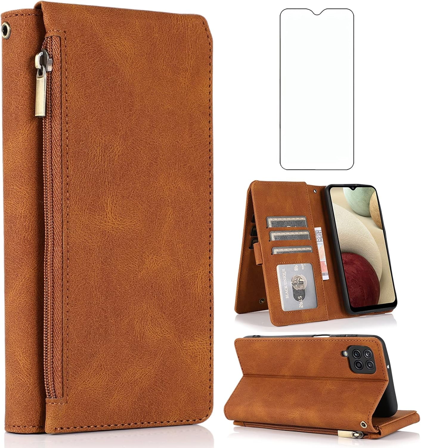 Compatible with Samsung Galaxy A12/M12 Wallet Case Tempered Glass Screen Protector Zipper Leather Flip Cover Card Holder Cell Phone Cases for Glaxay A 12 5G Gaxaly A-12 S12 12A 4G Women Men Brown