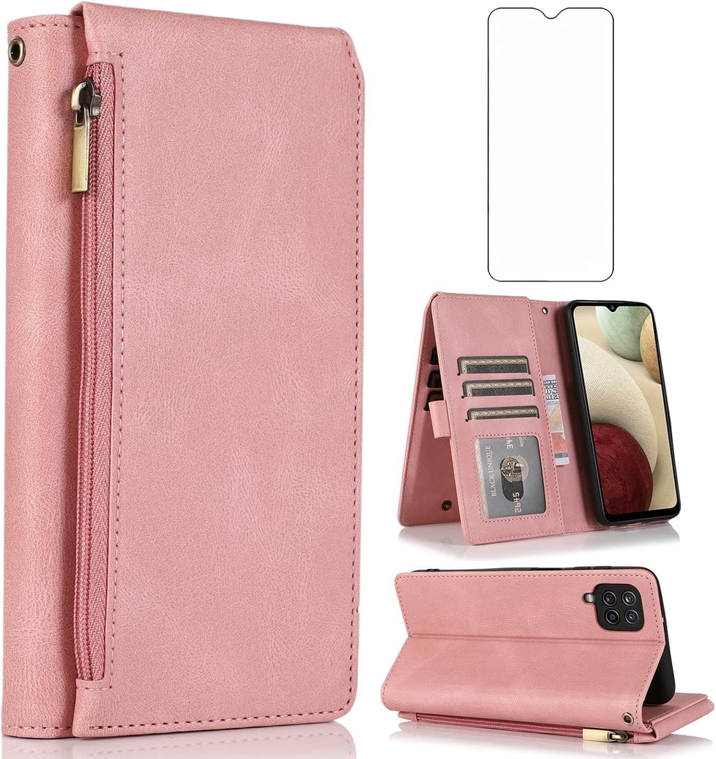 Compatible with Samsung Galaxy A12/M12 Wallet Case Tempered Glass Screen Protector Zipper Leather Flip Cover Card Holder Cell Phone Cases for Glaxay A 12 5G Gaxaly A-12 S12 12A 4G Women Rose Gold