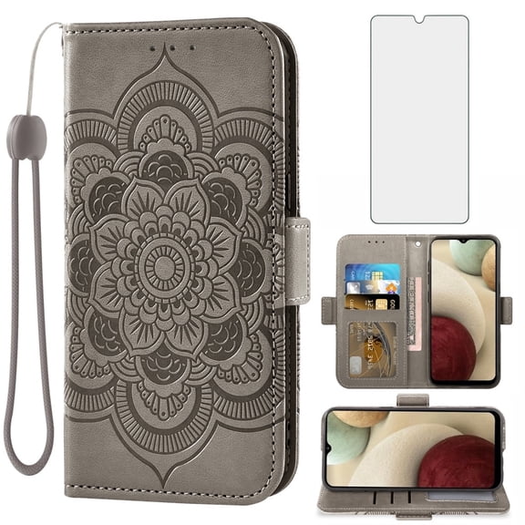Compatible with Samsung Galaxy A12/M12 Wallet Phone Case and Tempered Glass Screen Protector Flip Credit Card Holder Stand Mandala Flower Cell Cover for A 12 5G A-12 S12 12A 4G Women Men Gray