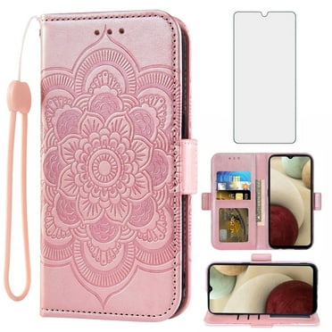 Compatible with Samsung Galaxy A12/M12 Wallet Phone Case and Tempered Glass Screen Protector Flip Credit Card Holder Stand Mandala Flower Cell Cover for A 12 5G A-12 S12 12A 4G Women Men Pink