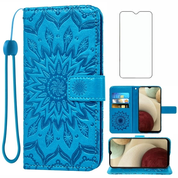 Compatible with Samsung Galaxy A12/M12 Wallet Phone Case and Tempered Glass Screen Protector Flip Credit Card Holder Stand Mandala Flower Cell Cover for A 12 5G A-12 S12 12A 4G Women Men Blue