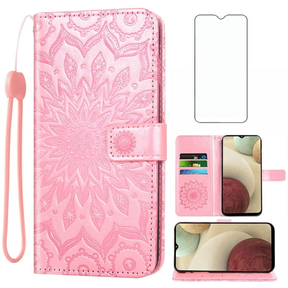 Compatible with Samsung Galaxy A12/M12 Wallet Phone Case and Tempered Glass Screen Protector Flip Credit Card Holder Stand Mandala Flower Cell Cover for A 12 5G A-12 S12 12A 4G Women Men Pink