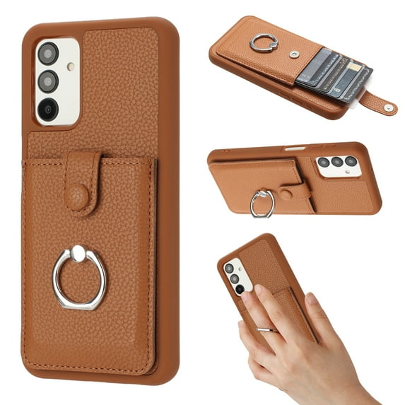 Compatible with Samsung Galaxy A13 4G Wallet Phone Case,360°Rotation Finger Ring Holder Kickstand,with Card Holder,Lychee Pattern PU Leather Durable Shockproof Rugged Phone Case,Brown