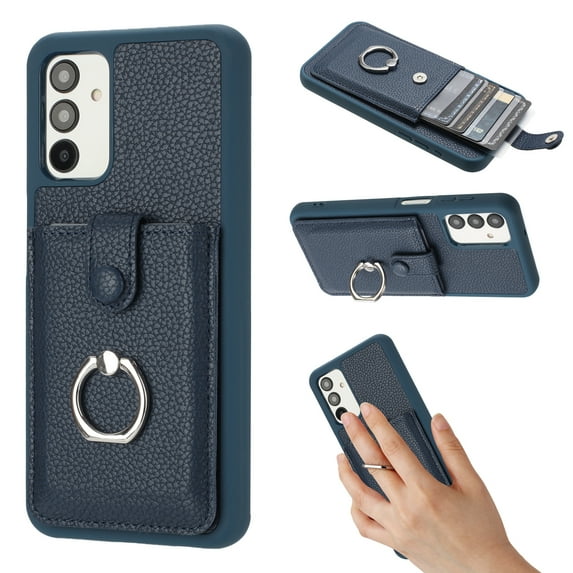 Compatible with Samsung Galaxy A13 4G Wallet Phone Case,360°Rotation Finger Ring Holder Kickstand,with Card Holder,Lychee Pattern PU Leather Durable Shockproof Rugged Phone Case,Blue