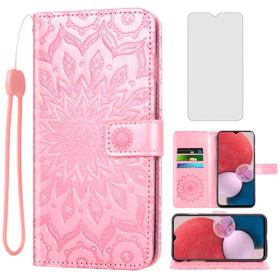 Compatible with Samsung Galaxy A13 4G Wallet Phone Case and Tempered Glass Screen Protector Flip Credit Card Holder Stand Mandala Flower Cell Cover for A 13 LTE 2022 13A SM-A135U Women Men Pink