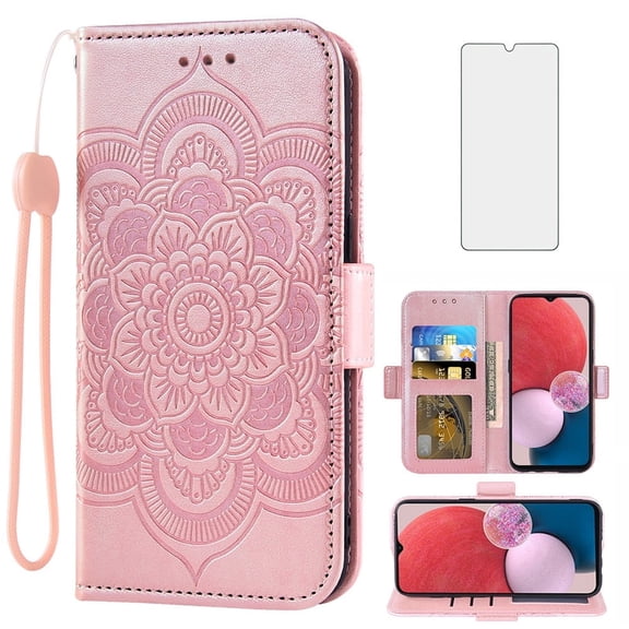 Compatible with Samsung Galaxy A13 4G Wallet Phone Case and Tempered Glass Screen Protector Flip Credit Card Holder Stand Mandala Flower Cell Cover for A 13 LTE 2022 13A SM-A135U Women Men Pink