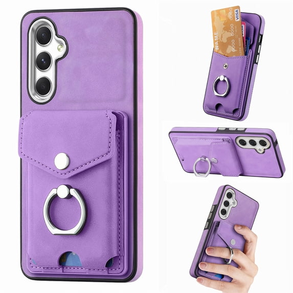 Compatible with Samsung Galaxy A13 5G Card Slot Back Case, 360 Degree Rotatable Ring Stand Plating Button PU Leather Support Magnetic Car Mount Phone Case Cover for Samsung Galaxy A13 5G, Purple