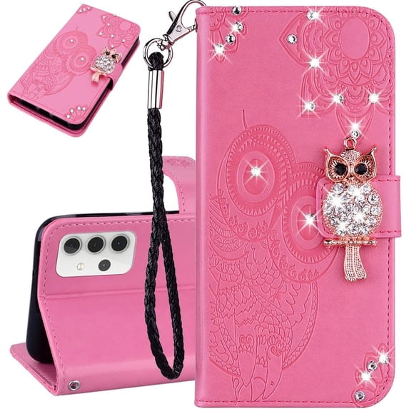 Compatible with Samsung Galaxy A13 5G Case Glitter Stylish Crystal Owl with Wrist Strap Kickstand Magnetic Leather Wallet for Women Flip Phone Case for Samsung Galaxy A13 5G Pink YK