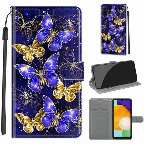 Compatible with Samsung Galaxy A13 5G Wallet Case for Men Women, Premium PU Leather Flip Cover with Card Holder, Wrist Strap, Kickstand Shockproof Magnetic Clasp Case, Golden Blue Butterfly